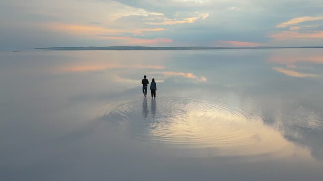 Couple walking barefoot on Tuz salt lake enjoying a stunning sunset reflection drone aerial view in Turkey