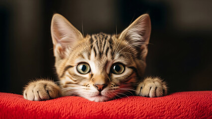 Adorable Brown Tabby Kitten on Red Blanket.