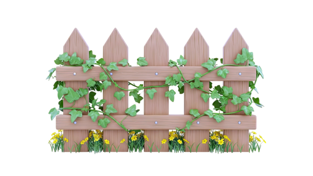 Wooden Picket Fence with Ivy and Yellow Flowers - Powered by Adobe