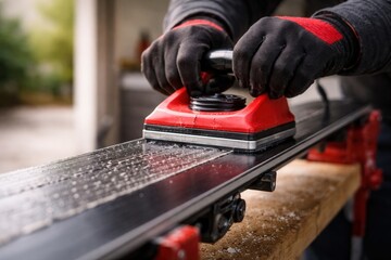 Skilled worker waxing skies with iron, showcasing craftsmanship and attention to detail in a workshop environment with tools