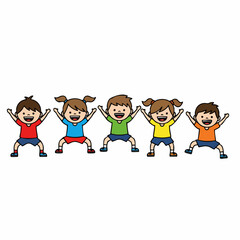 Cartoon Style Cheerful Children Jumping In A Row Illustration