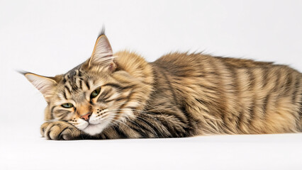 Tabby Cat Lying Down on White Background.