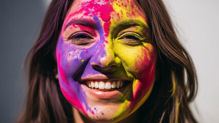 Woman with Colorful Face Paint Smiling.