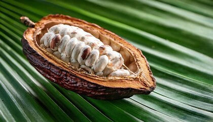 Fresh Cocoa Pod Open Revealing Seeds On Green Tropical Leaves