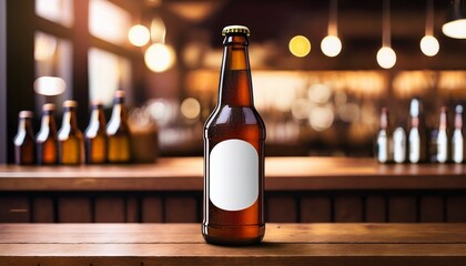 Cold Brown Beer Bottle Mockup With Blank Label On Wooden Bar Counter