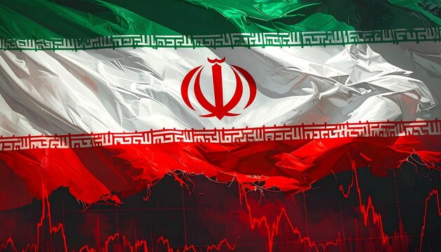 Crumpled Iranian flag with declining stock market graph background