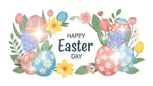 Happy Easter Day Decorated Eggs With Spring Flowers And Green Leaves