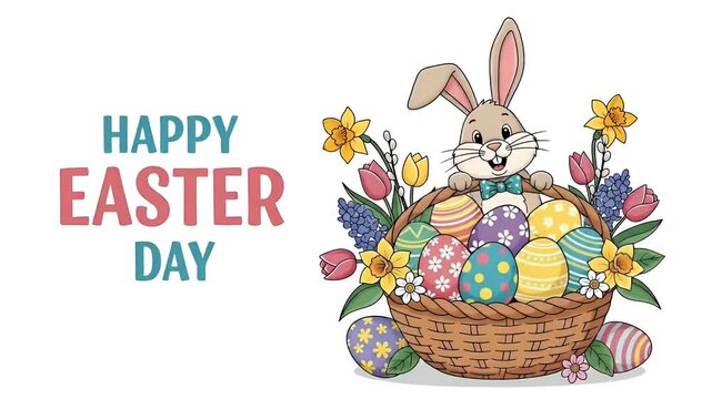 Happy Easter Day Rabbit Basket Colorful Eggs Spring Flowers Footage