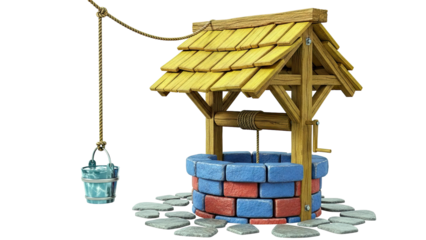 Wooden Wishing Well with Bucket and Rope