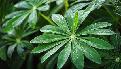Large Green Leaves Of Lupine Lupinus Polyphyllus Covered With Drops Of Dew
