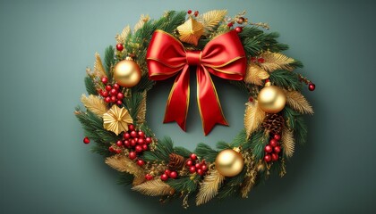 Festive Wreath A Vibrant Festive Wreath Adorned With A Red Bow And Golden Bells Embodies The Warmth And Cheer Of The Holiday Season With Colorful Details Adding A Touch Of Elegance