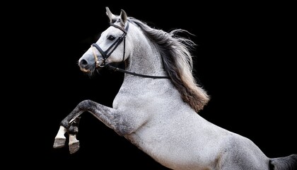 A Gray Thoroughbred Stallion With A Long Mane And Tail Stands On Its Hind Legs Horse With Saddle And Bridle On A Black Background Nobody