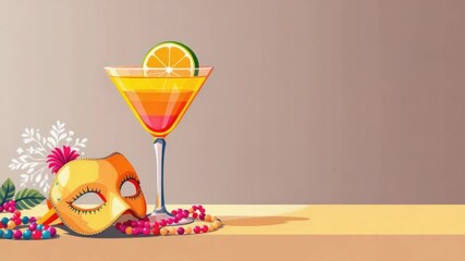 Vibrant orange martini with lime slice, festive mask, and colorful beads on table - celebrating mardi gras