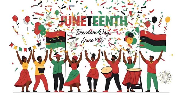 Juneteenth Celebration Diverse People Cheering Holding Flags and Playing Drums