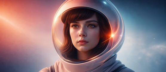 Futuristic portrait of a female astronaut with a transparent helmet, soft cinematic lighting and a dreamy background. Concept of space exploration, future, technology and human curiosity.
