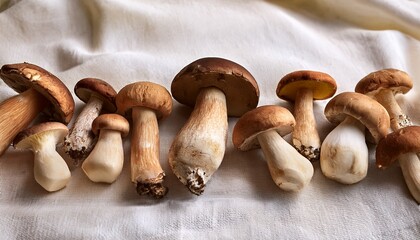 Bountiful Assortment Of Fresh Wild Mushrooms Arranged In Rows On White Cloth With Creamy Golden And Brown Caps And Visible Gills Natural Textures And A Calm Rustic Mood