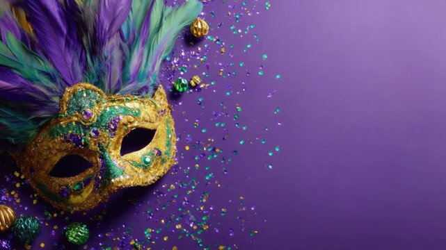 Vibrant gold mask with feathers and colorful glitter on purple background celebrating mardi gras