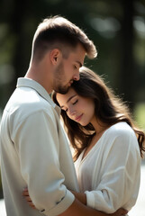 Fototapeta premium Couple embracing and sharing a tender moment in nature 
