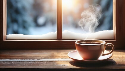 Steaming Cup Of Coffee On Wooden Table By Snowy Window In Winter