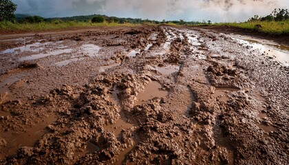 Mud Texture Or Wet Brown Soil As Natural Organic Clay And Geological Sediment Mixture As In Roughing It In A Dirty Muddy Country Road Bog After The Rain Or Rainy Season Found In A Damp Moist Climate