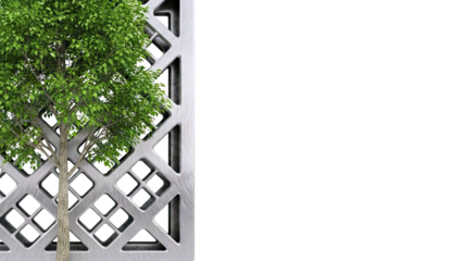 Tree growing through geometric metal screen