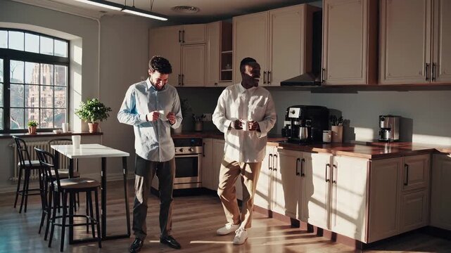 Diverse male colleagues enjoying coffee break in the office kitchen