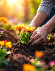 Close up of hands planting colorful spring flowers in rich garden soil at sunset