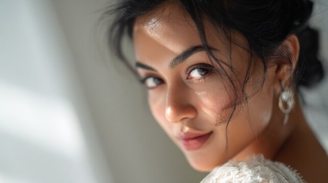 Intimate portrait of a beautiful woman, looking back with a gentle smile