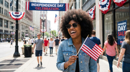 Independence day background usa flag american banner concept street parade celebration joyful woman urban crowd summer holiday patriotic pride presidents day concept