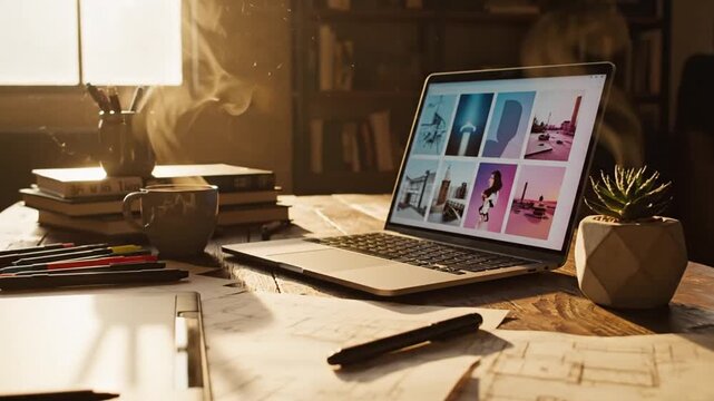 Cozy Workspace: Laptop, Coffee, and Creative Inspiration