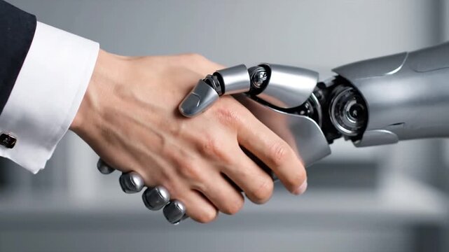 A human and a robotic hand shaking in a gesture of partnership and cooperation in a modern industrial setting from a close-up viewpoint