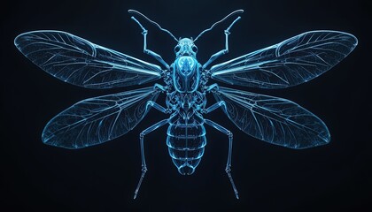Glowing blue insect anatomy displayed in a high contrast, detailed structure visualization