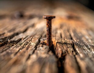 Half Embedded Rusty Nail Protruding from Old Wooden Plank Macro Close Up

