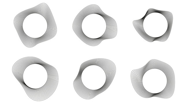 Abstract sound wave vector illustration set with circular distortion lines and black-and-white radial ripple patterns. Modern dynamic audio waveform design elements suitable for banners, posters