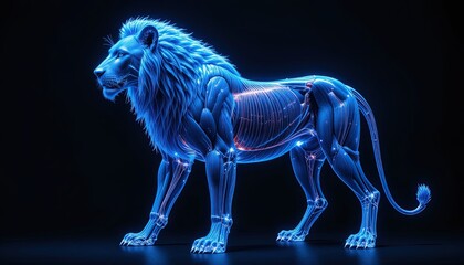 Digital representation of a large feline anatomy glowing with blue light against a dark backdrop