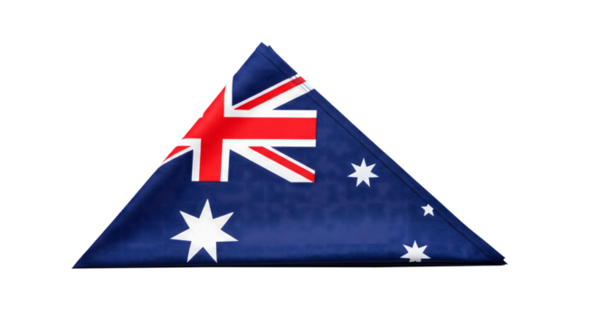 Australian flag folded into triangular shape with white stars and red cross on blue background - Powered by Adobe
