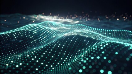 A mesmerizing visualization of waves created by glowing dots, symbolizing data flow and digital connectivity in a futuristic landscape.