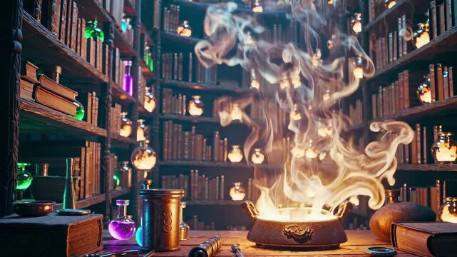 A mystical library with shelves of glowing potions and books, shot from a low angle. The video captures a magical, enchanting atmosphere.