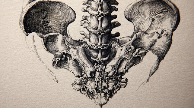 Detailed vintage anatomical illustration of human pelvis and lower spine bones
