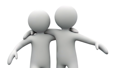 Two 3D stick figures with arms around each other's shoulders