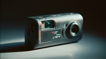 Vintage compact film camera on dark moody background with soft lighting