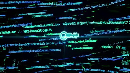 Dynamic video still of digital code with a key symbol, captured from a low-angle perspective, conveying cybersecurity and data encryption themes. Live desktop wallpaper. - Powered by Adobe