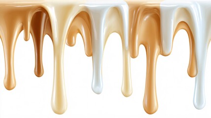 Close-up of glossy caramel and cream sauce dripping on white background