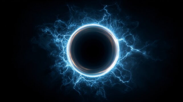 Abstract electric blue glowing ring with lightning on black background