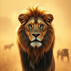 Lion king's regal gaze, sepia savanna dreamscape, dusty haze,  regal,  savanna