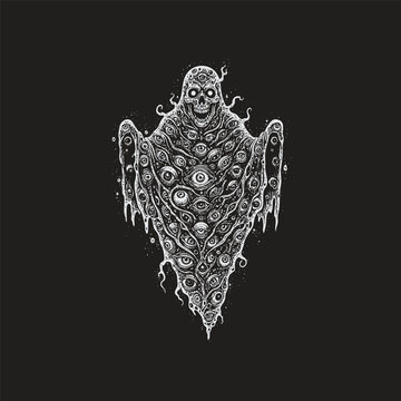 Surreal vintage engraving of a spectral ghost with a skeletal face, its entire flowing shroud covered in dozens of realistic, unblinking human eyeballs, isolated on a black background.