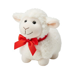 Adorable white stuffed lamb with red bow tie