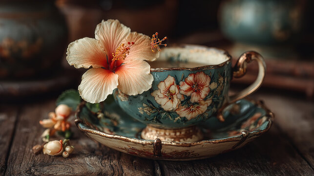 A vintage teacup with floral design on a rustic wooden surface. - Powered by Adobe