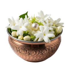 Elegant bowl of white jasmine flowers on a transparent background
