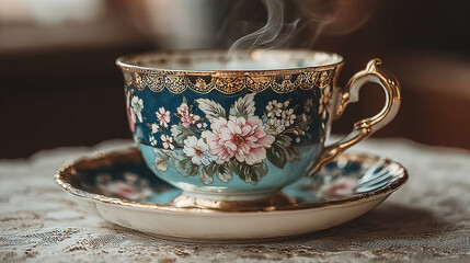 A decorative porcelain teacup with floral patterns and a matching saucer.